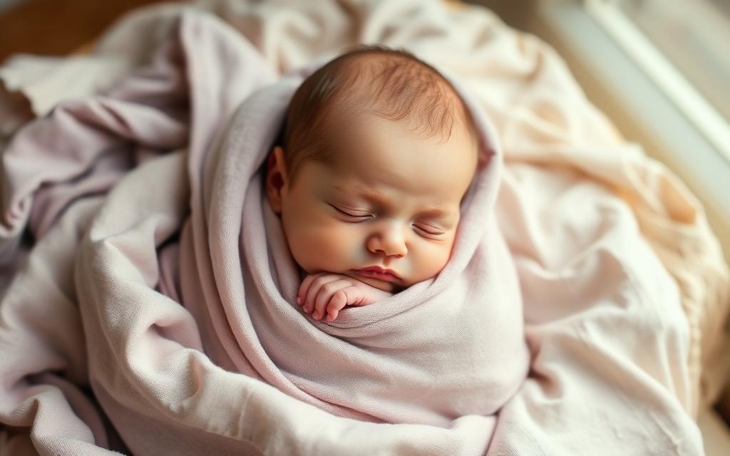 A newborn baby sleeping, softly wrapped in a linen blanket